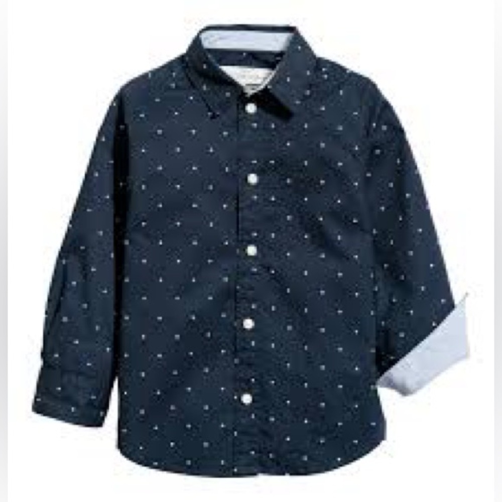 H&M- Dark Blue Kids Button Down Shirt with White Dots Size 6-12 months